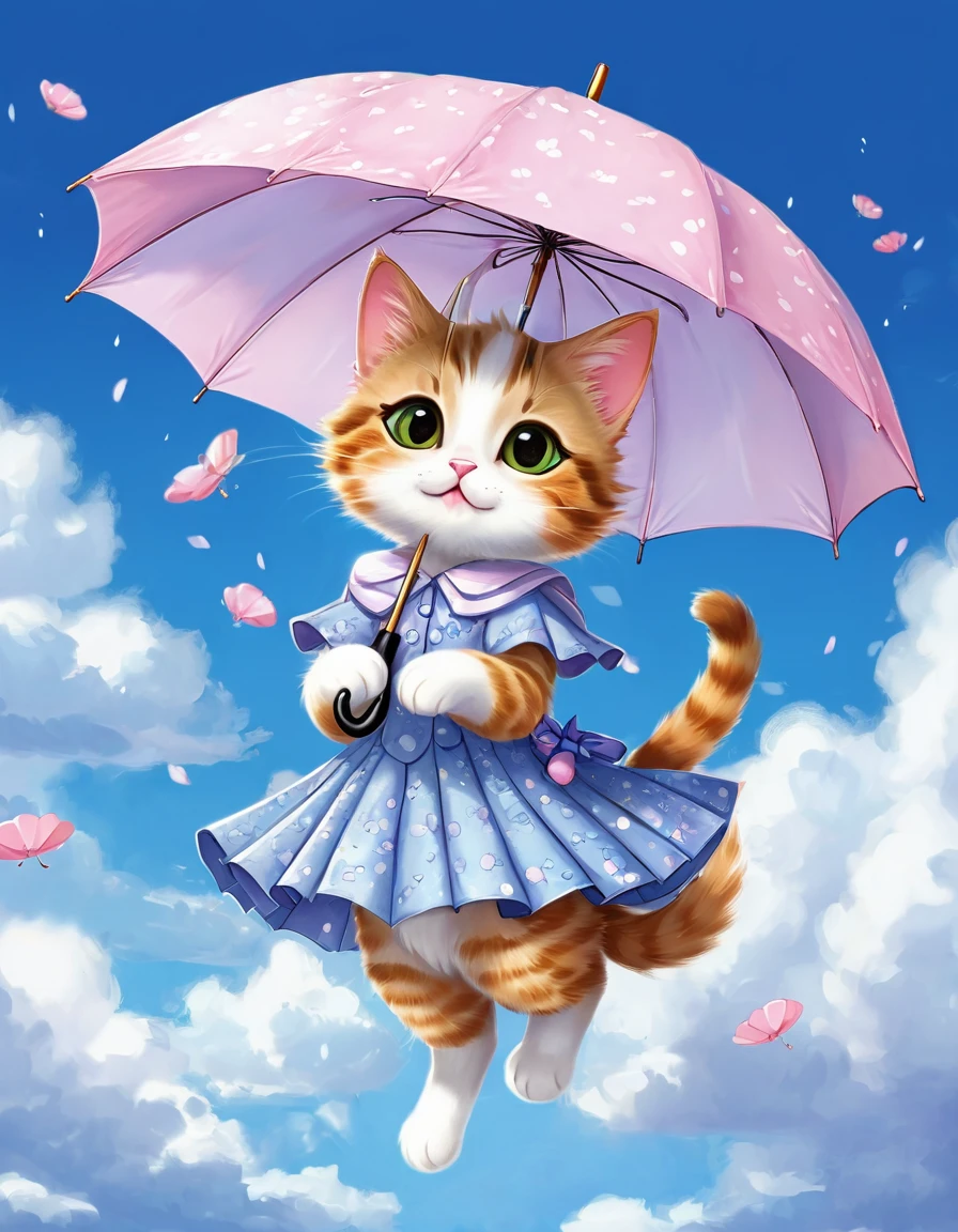 cartoon cat flying in the sky with an umbrella and dress, charming digital painting, Cute digital art, cute detailed digital art, Cute work of art, fursona art, anime image of a cute cat, kawaii cat, anime cat, nice detailed work, very, very beautiful furry art, Cute cartoon character, very beautiful cute cat girl, Advanced Digital Chibi Art, official fanart