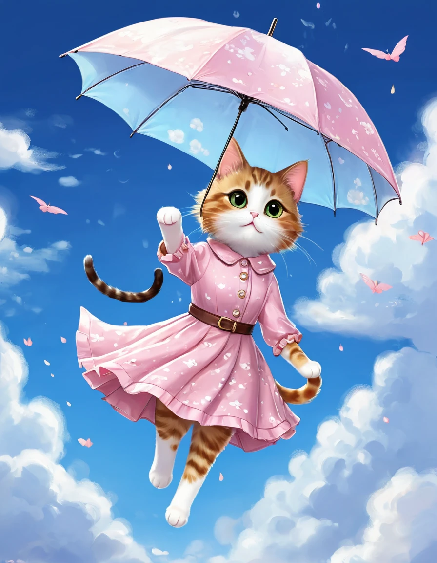 cartoon cat flying in the sky with an umbrella and dress, charming digital painting, Cute digital art, cute detailed digital art, Cute work of art, fursona art, anime image of a cute cat, kawaii cat, anime cat, nice detailed work, very, very beautiful furry art, Cute cartoon character, very beautiful cute cat girl, Advanced Digital Chibi Art, official fanart