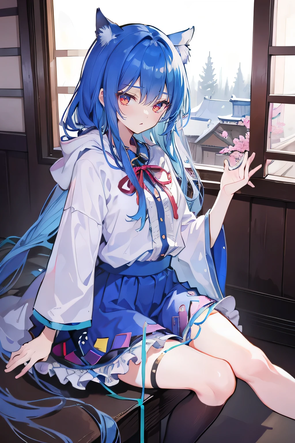 （masterpiece：1.2），Super detailed，lifelike，Expressive eyes，fair skin，perfect face shape，1 girl，
Japanese comics,Gorgeous blue hair,flowing blue hair,flowing clothes,Cat ears,Petals fall,beautiful lola,Baby Angel,
Shaking head with one hand，Cross your legs，Gentle and peaceful background，The pavilion is cool and comfortable,smile, wearing hoodie, In front of the window,snowing