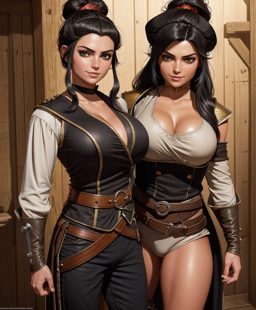 (((Single character image.))) (((1girl))) (((Dressed in medieval swashbuckler attire.))) (((Shoulder length hair))) (((Cute black hair in a topknot.))) Cute female swashbuckler. Perfect physique. Lusty smirk. dressed in a puffy shirt and pirate vest flirty, best quality:1.0,hyperealistic:1.0,photorealistic:1.0,madly detailed CG unity 8k wallpaper:1.0,masterpiece:1.3,madly detailed photo:1.2, hyper-realistic lifelike texture:1.4, picture-perfect:1.0,8k, HQ,best quality:1.0,