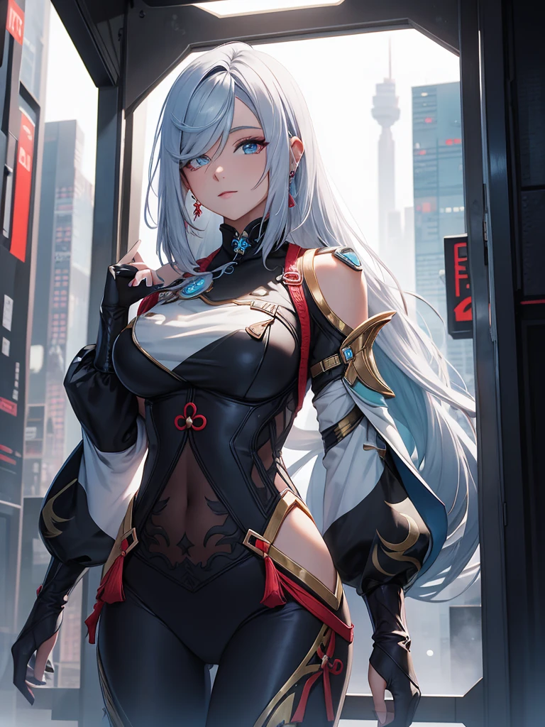 Shenhe from Genshin impact, 1woman, wearing a futuristic cyberpunk outfit, at future city, silver colour hair with her style, 8k, high detailed, high quality