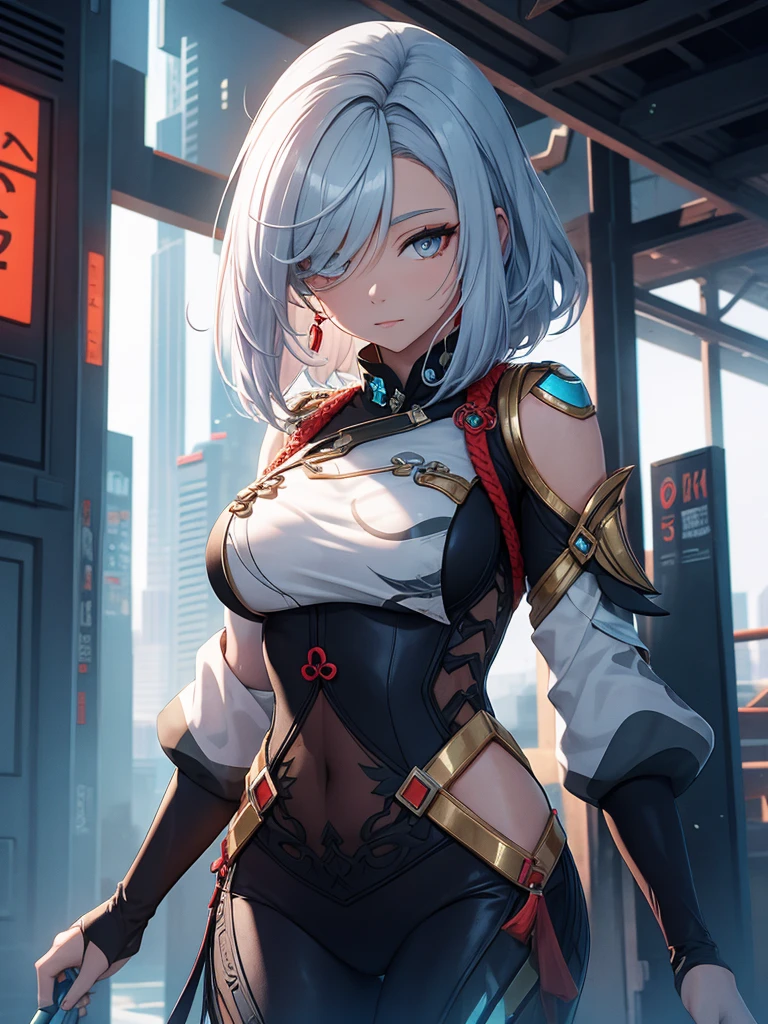 Shenhe from Genshin impact, 1woman, wearing a futuristic cyberpunk outfit, at future city, silver colour hair with her style, 8k, high detailed, high quality