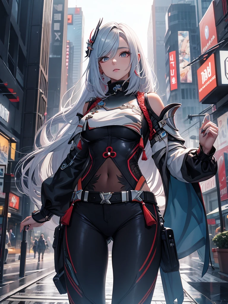 Shenhe from Genshin impact, 1woman, wearing a futuristic cyberpunk outfit, at future city, silver colour hair with her style, 8k, high detailed, high quality