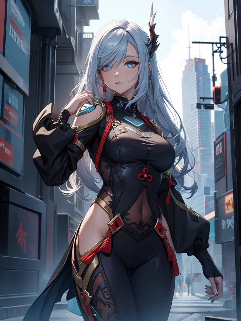 Shenhe from Genshin impact, 1woman, wearing a futuristic cyberpunk outfit, at future city, silver colour hair with her style, 8k, high detailed, high quality