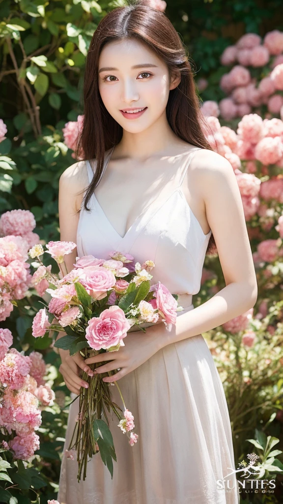 (lifelike, high resolution:1.3), close up,Sense of story,Realism,Chinese aesthetics,Smart eyes,real picture,Asian real person photo,New Chinese Photography,A dreamy flower fairy,Wearing a light petal skirt,Holding a bouquet of blooming flowers,Butterflies in the garden fluttered around her,Pure face and sweet smile,Volumetric Light,full-body shot,Facial details,Ruddy skin