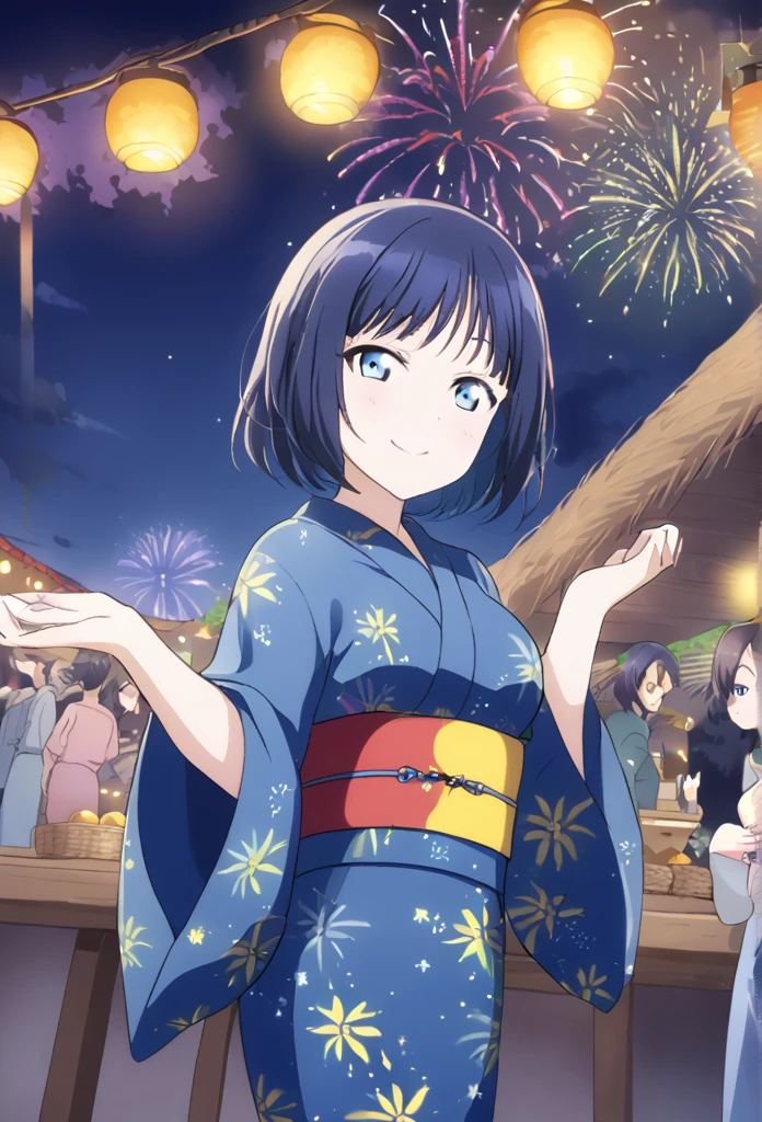 Asaka fruit forest　Long back hair　Blue Hair　Dark blue eyes　Short Bob　Blue Yukata　smile　Larger breasts　full moon　fair　Starry Sky　Fireworks