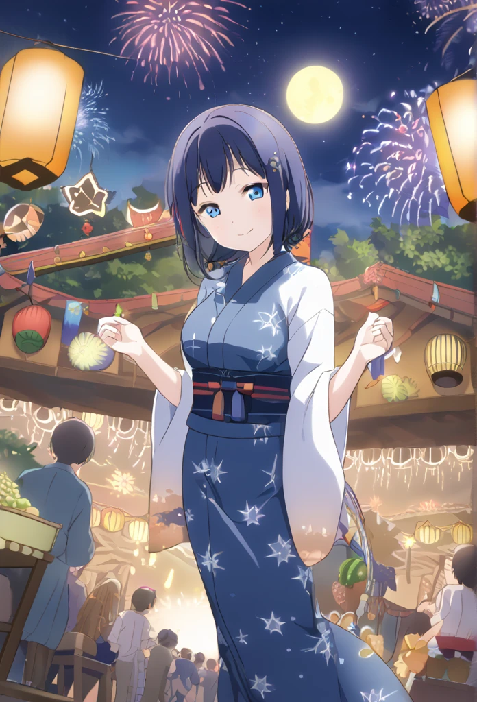 Asaka fruit forest　Long back hair　Blue Hair　Dark blue eyes　Short Bob　Blue Yukata　smile　Larger breasts　full moon　fair　Starry Sky　Fireworks