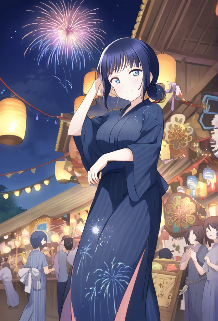 Asaka fruit forest Long back hair Blue Hair Dark blue eyes Short Bob Blue Yukata smile Larger breasts full moon fair Starry Sky Fireworks