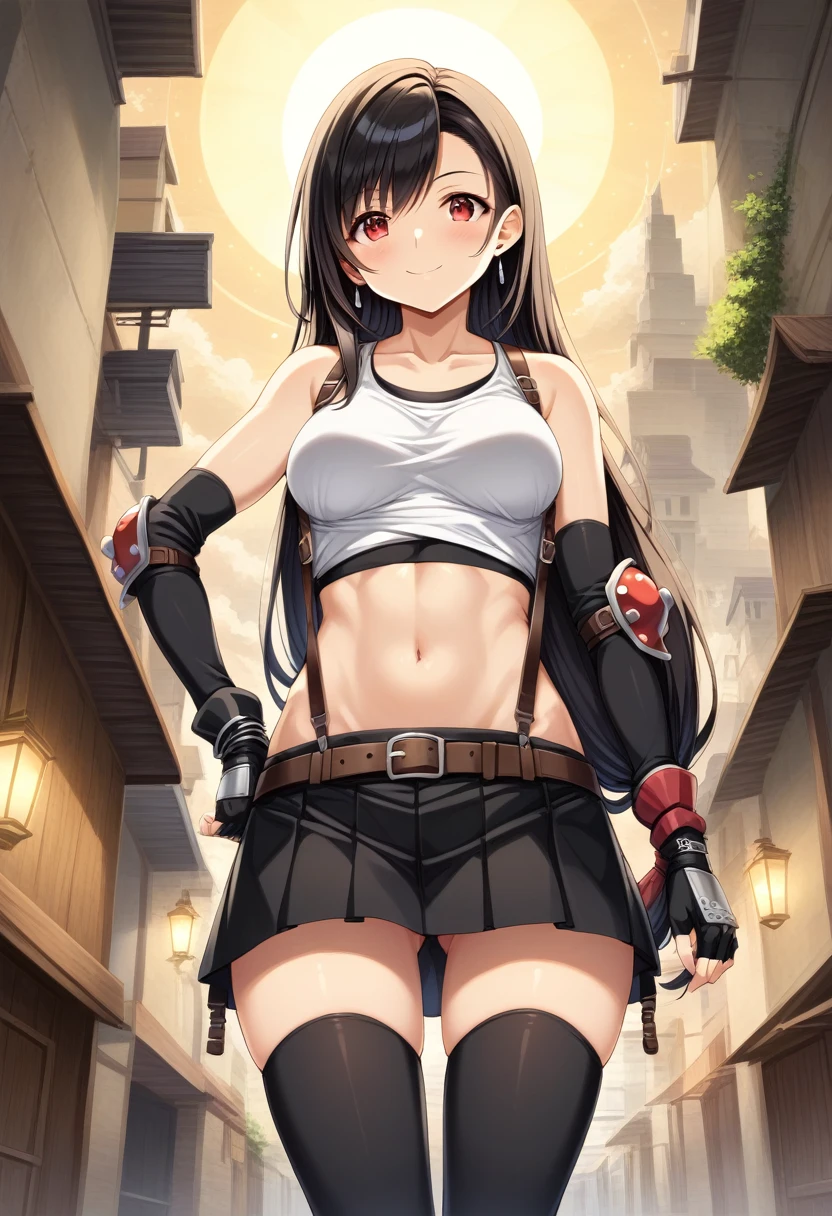 score_9, score_8_up, score_7_up, ,front_view,breast below view,,(soro focus),standing,straight-on,,(),,,(upperbody),looking_at_viewer ,1girl, tifa lockhart, final fantasy,(beautiful woman). tareme,black hair, low-tied long hair, red eyes, bangs, white tank top,gap, belt, pleated skirt, thighhighs, elbow fingerless gloves, elbow pads, midriff, navel,suspender skirt.zettai ryouiki ,(large_breasts:1),((perky breasts;1,3)),(light smile),slender_waist:1.2 ,Solo,,(daytime and outdoors),(masterpeace),(best quality),((aesthetic,very aesthetic)),,highly detailed,(megami_magazine),(professional lighting),(cinematic lighting),great lighting,