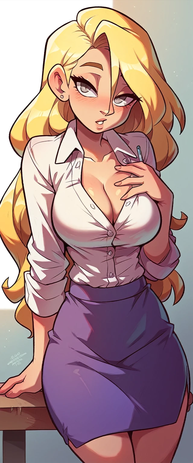A sexy sensual woman beautiful beautiful attraction big breast long blonde yellow hair her gray eye wears a white button-down office shirt and a short purple skirt