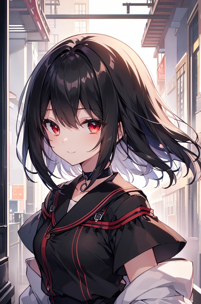 (masterpiece, highest quality, highest quality, (No text), Beautiful and aesthetic:1.2),No text,アニメ、BREAK,One Girl，Black Hair Girl　short hair　older sister　choker　Tree Eyes　Beautiful eyes　Red eyes　cool　smile　Red and Black　Black jacket　mini skirt　whole body　In town