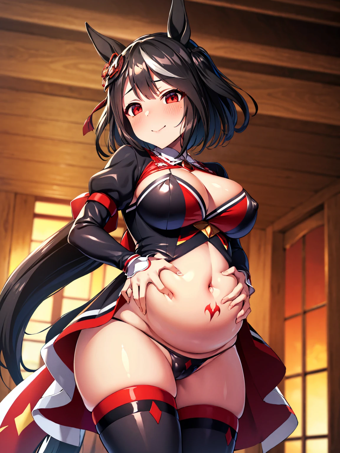 (masterpieces,best quality,ultra detailed,ultra resolution),(Uma musume, uma musume pretty derby, kitasan black \(umamusume\), black hair, short hair, red eyes,horse girl,horse ears, horse tail, big breasts),(wedding dress,veil),(empty eyes,nopupils,evil smile,crazy smile,blush,nipple piercing,stomach piercing,navel,pregnant,crotch tatoo,adult toy in panties),(standing,cowboy shot,wedding hall),