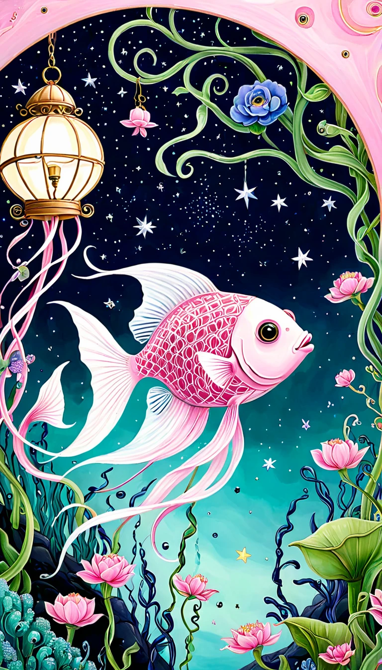 Light pink fish in the birdcage,plant,Tentacles,Eye、Starry Sky,Stitching together an abstract painting,Describing the inner world of autistic people,Sense of space,White Space,interesting,Innocence,Psychedelic Art,Pink theme