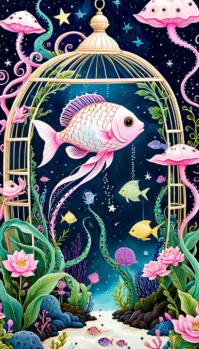 Light pink fish in the birdcage，plant，Tentacles，Eye、Starry Sky，Stitching together an abstract painting，Describing the inner world of autistic people，Sense of space，White Space，interesting，Innocence，Psychedelic Art，Pink theme