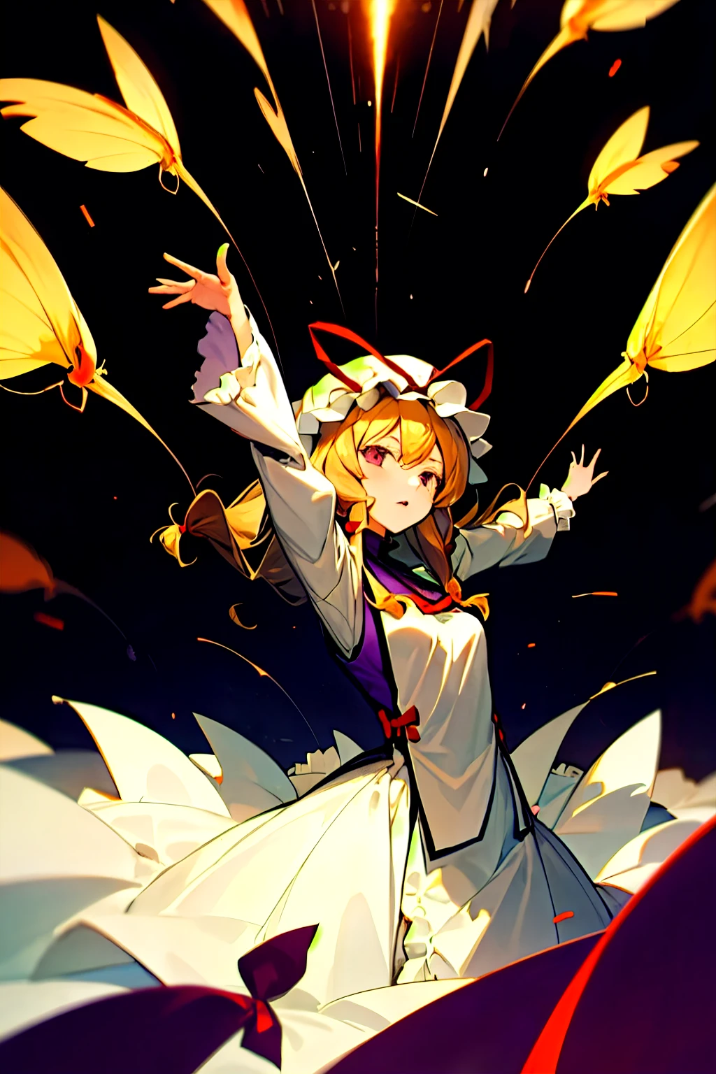 masterpiece, best quality, 1 Girl, Solitary, yakumo yukari spreads his arms，Countless bullet screens flew towards the screen