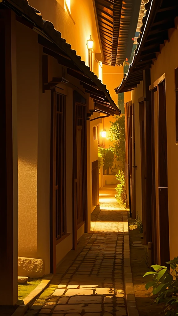 A path between two rows of bungalos (villas), night time, dark time of the day, almost no lighting