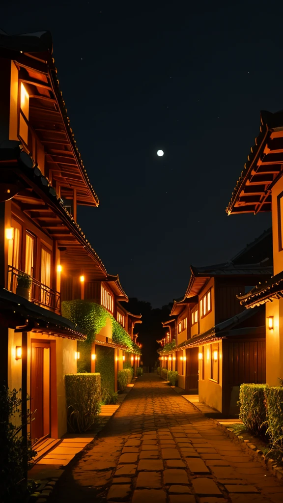 A path between two rows of bungalos (villas), night time, dark time of the day, almost no lighting
