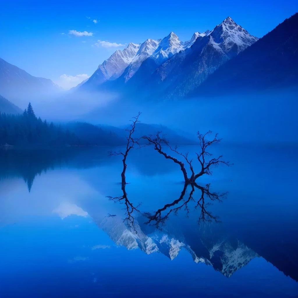 Arav tree branch in the middle of the lake,Mountains in the background, Blue reflection, Clear reflection, Still water like a mirror, Reflections on the water, reflection on the lake, beautiful reflexions, Reflections in water, cold blue colors, Water reflection, Blue fog, Water reflection, Reflections in water, mystical Blue fog, pretty lake, incredible reflection