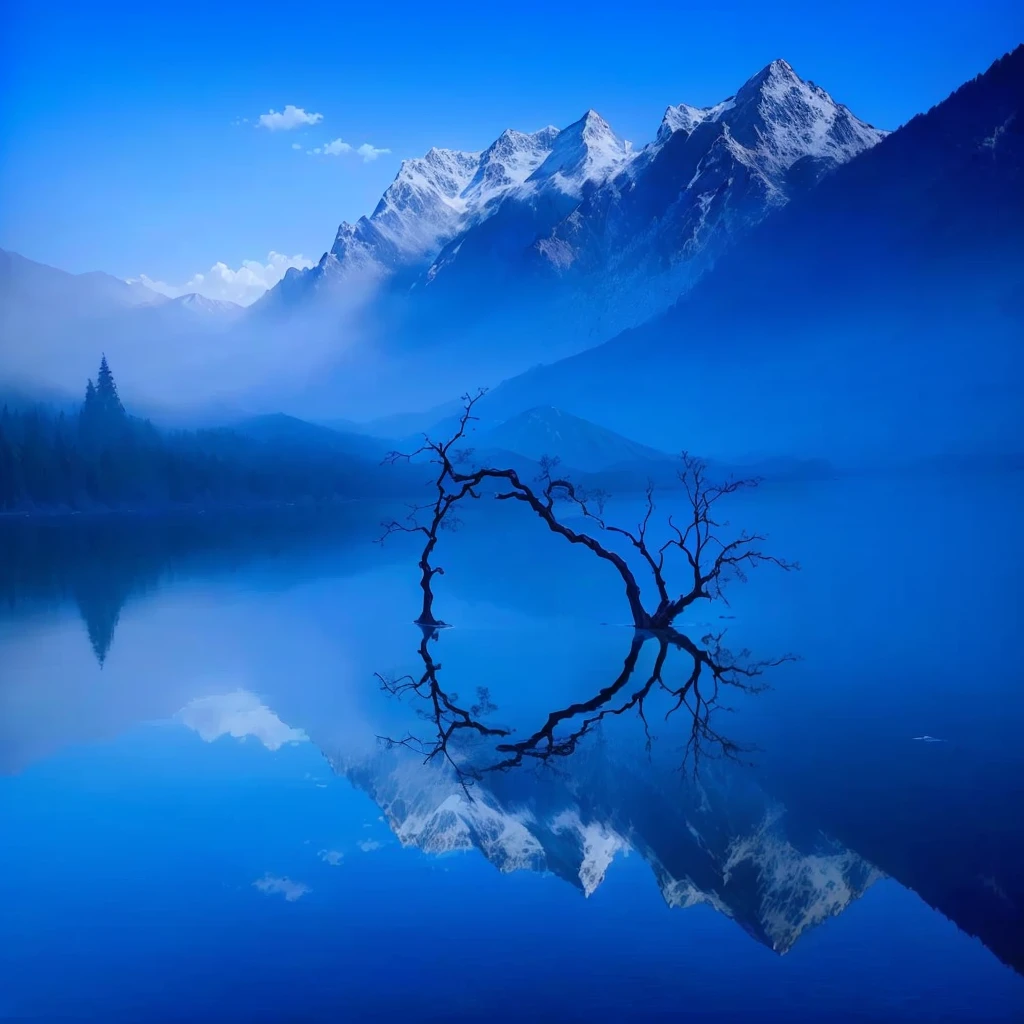 Arav tree branch in the middle of the lake，Mountains in the background, Blue reflection, Clear reflection, Still water like a mirror, Reflections on the water, reflection on the lake, beautiful reflexions, Reflections in water, cold blue colors, Water reflection, Blue fog, Water reflection, Reflections in water, mystical Blue fog, pretty lake, incredible reflection