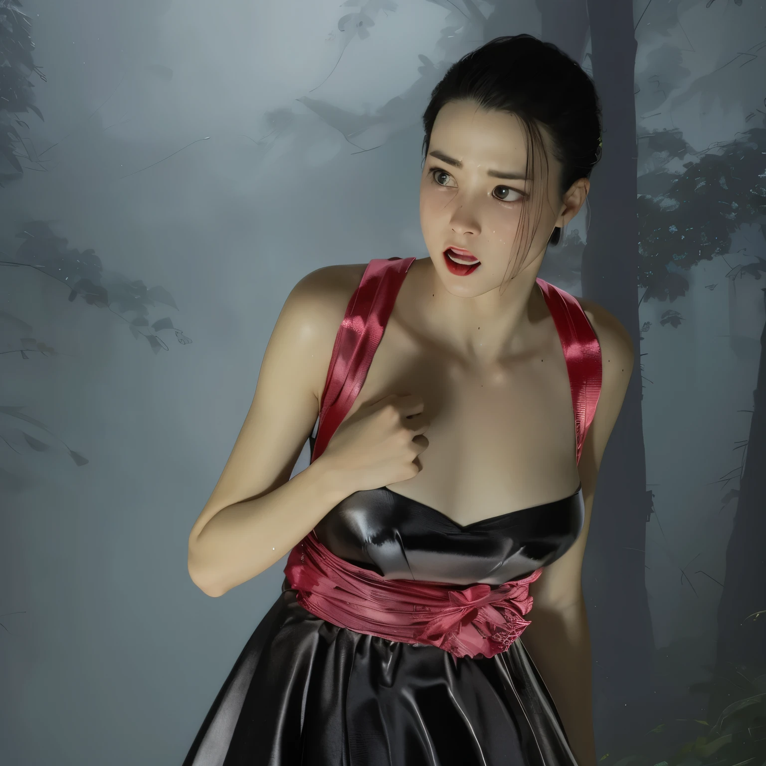 ((sad、Frightened expression))、((Sweaty、Blushing'cheek、Sweaty skin))、(8K, Highest quality, masterpiece:1.2), (Realistic, photo-Realistic:1.37), Very detailed,Highest quality, Ultra-high resolution, Professional Lighting, Photon Mapping, Radio City, Physically Based Rendering, Cinema Lighting, Midnight Road,Depth of the written border, Sharp focus,moonlight, Good composition,1 Girl,alone,(whole body), (whole body),Beautiful and beautiful eyes,((Red eyes、I'I'm afraid of something))、 Pause, Tight waist,Japanese , Black Hair,Messy Hair,Long hair blowing in the wind,((Navy blue socks))、(Urzan-6500:1.2)、 Mix 4,