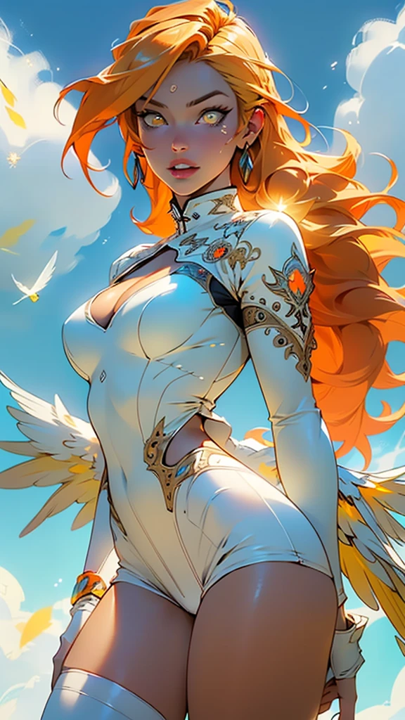 girl,1girl,((extremely cute and beautiful blonde haired girl)),((())),(large breasts:1.2),((((blonde hair:1.35,(disheed hair),bright orange hair,long hair,iridescent colors orange and yellow glowing colors,colored inner hair)))),((yellow_eyes:1.5)),glowing eyes,intricate eyes,beautiful detailed eyes,symmetrical eyes,Big eyes:1.5,((fat)),(((lustrous skin:1.5,bright skin: 1.5,skin tanned,shiny skin,very shiny skin,shiny body,plastic glitter skin,exaggerated shiny skin,illuminated skin))),(spider lower abdomen,narrow waist,wide hip,athletic body,inflated legs,thick thighs,detailed body,(detailed face)),
cute,slutty,seductive,erotic,(nsfw),
zettai ryouiki,(((Holy GUARDIAN ANGEL,white and large wings,feathers, has feather wings))) (dynamic stripes, luminous trails: 1.2),(((winter white costume:1.5, white sexy polar costume))),(((Show cleavage))),(((white outfit, white clothes,intricate outfit,intricate clothes))),
(dynamic pose:1.0),drinking hot chocolate,(centered,scale to fit dimensions,Rule of thirds),
((floating in the clouds, sky and clouds background)),scenery:1.25,((intricate scenery)),
(Glossy holy ornaments),highres,sharp focus,(ultra detailed,extremely detailed),(photorealistic artwork:1.37),(extremely detailed CG unity 8k wallpaper),(((vibrant colors,vibrant theme))),(intricate),(masterpiece),(best quality),artistic photography,(photography taken by sldr),(intricate background),perfect rendered face,perfect face details,realistic face,photo realistic,((intricate detail)),(((realism))),