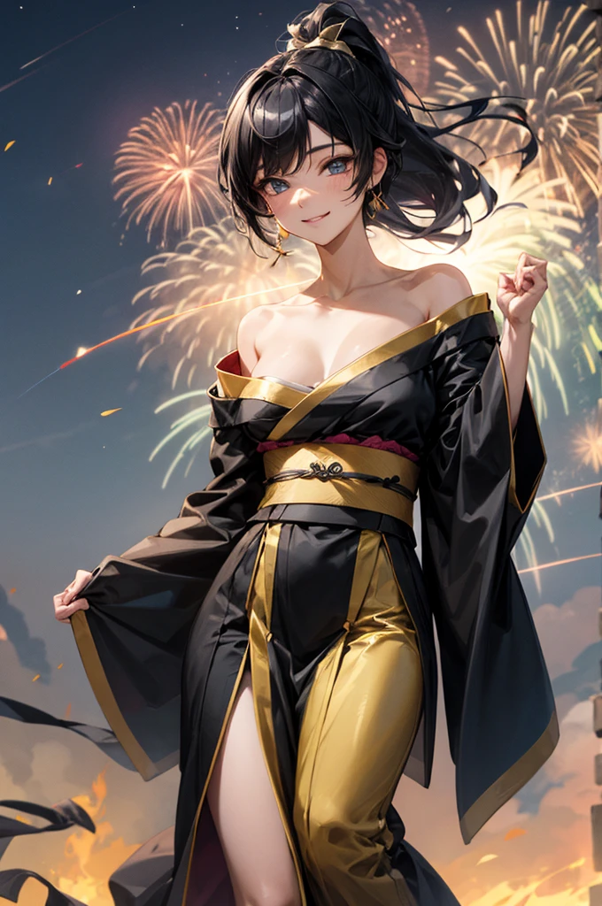 1girl, black gold kimono, from front, off shoulder:1.8, shoulder blades, outdoors, night, fire works, seductive smile, looking at viewer, ponytail, onyx black hair, gold ribbon, best quality, masterpiece, (realistic:0.8), detailed face, beautiful eyes, full body shot