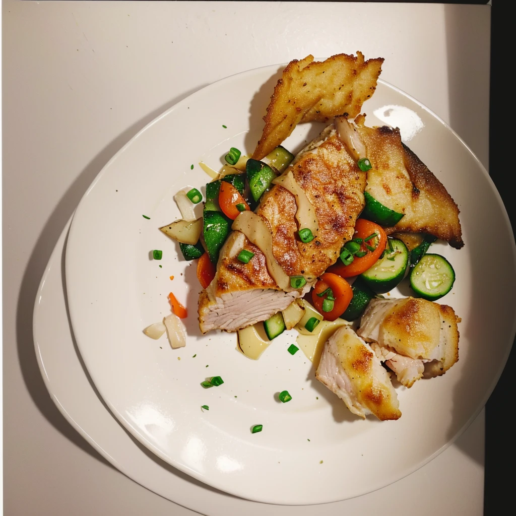 there is a white plate with a piece of meat and vegetables on it, cooked, on a plate, high quality scan, ready to eat, served on a plate, dinner is served, taken with sony alpha 9, momoshiki ōtsutsuki, very very low quality, closeup at the food, bad quality, very crispy, fish in the background