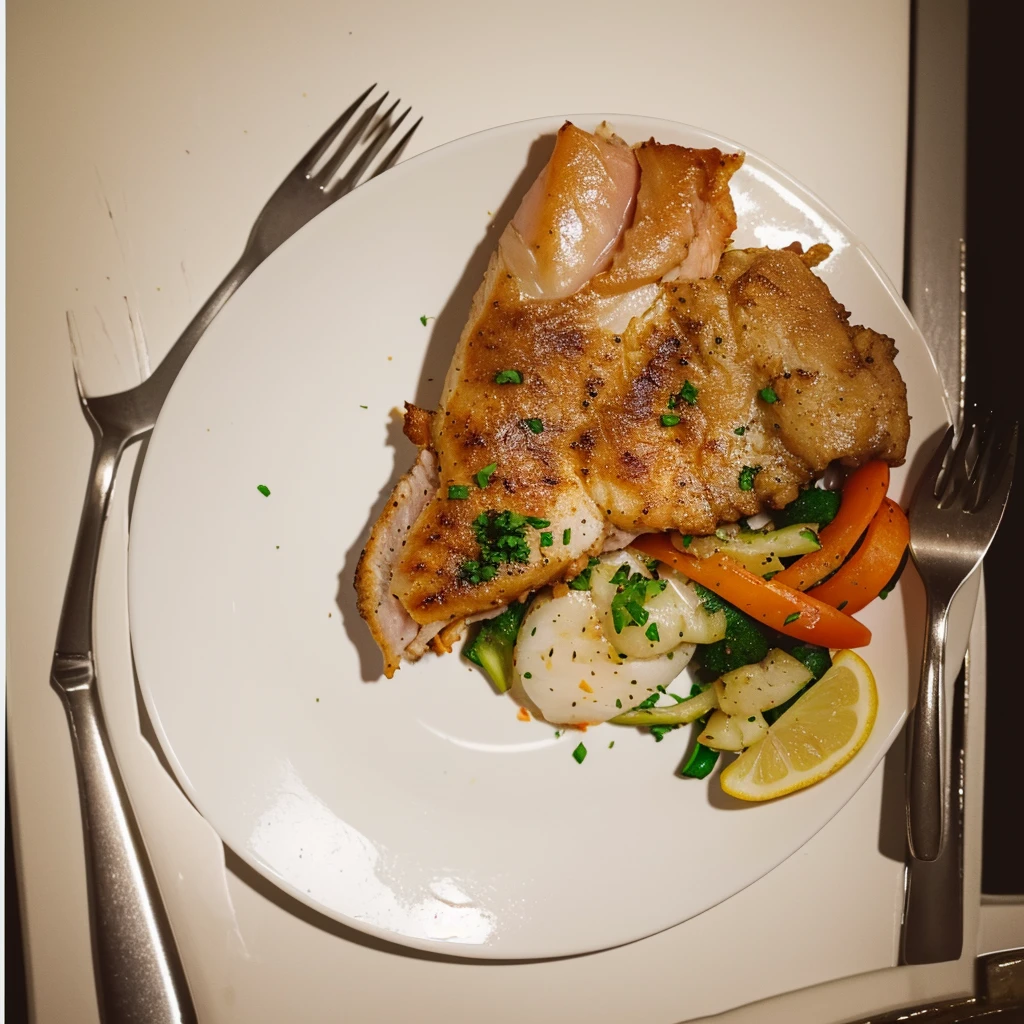 there is a white plate with a piece of meat and vegetables on it, cooked, on a plate, high quality scan, ready to eat, served on a plate, dinner is served, taken with sony alpha 9, momoshiki ōtsutsuki, very very low quality, closeup at the food, bad quality, very crispy, fish in the background