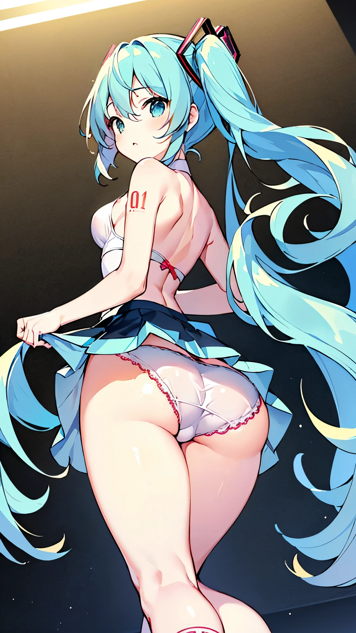 (masterpiece, best quality, great:1.2), CG, illustration, delicate face, cute face, kawaii, medium breasts, delicate hair, disheveled hair, floating hair, shiny hair,1 ,hatsune miku,beautiful ass,(((ass focus))),messy hair,sexy pantie,red pantie,skirt lift,looking back,((lower body)),((from below)),