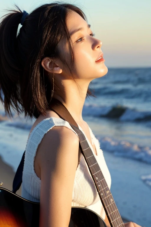 Seascape, back view of girl with electric guitar