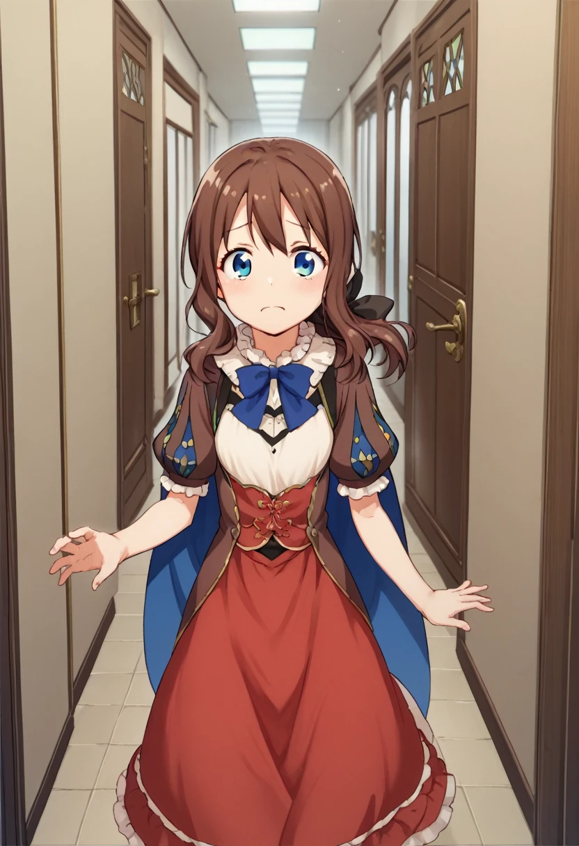 One girl, blue eyes, Long Hair, Brown Hair, Side Lock, Low Ponytail, ribbon, dress, White shirt, Puffy sleeves, Short sleeve, Red Skirt, Cape, Blue Pantyhose, Hallway with many doors,Ajar door,ドアから伸びる手Ajar doorから伸びる手にMy arm is grabbed,My arm is grabbed