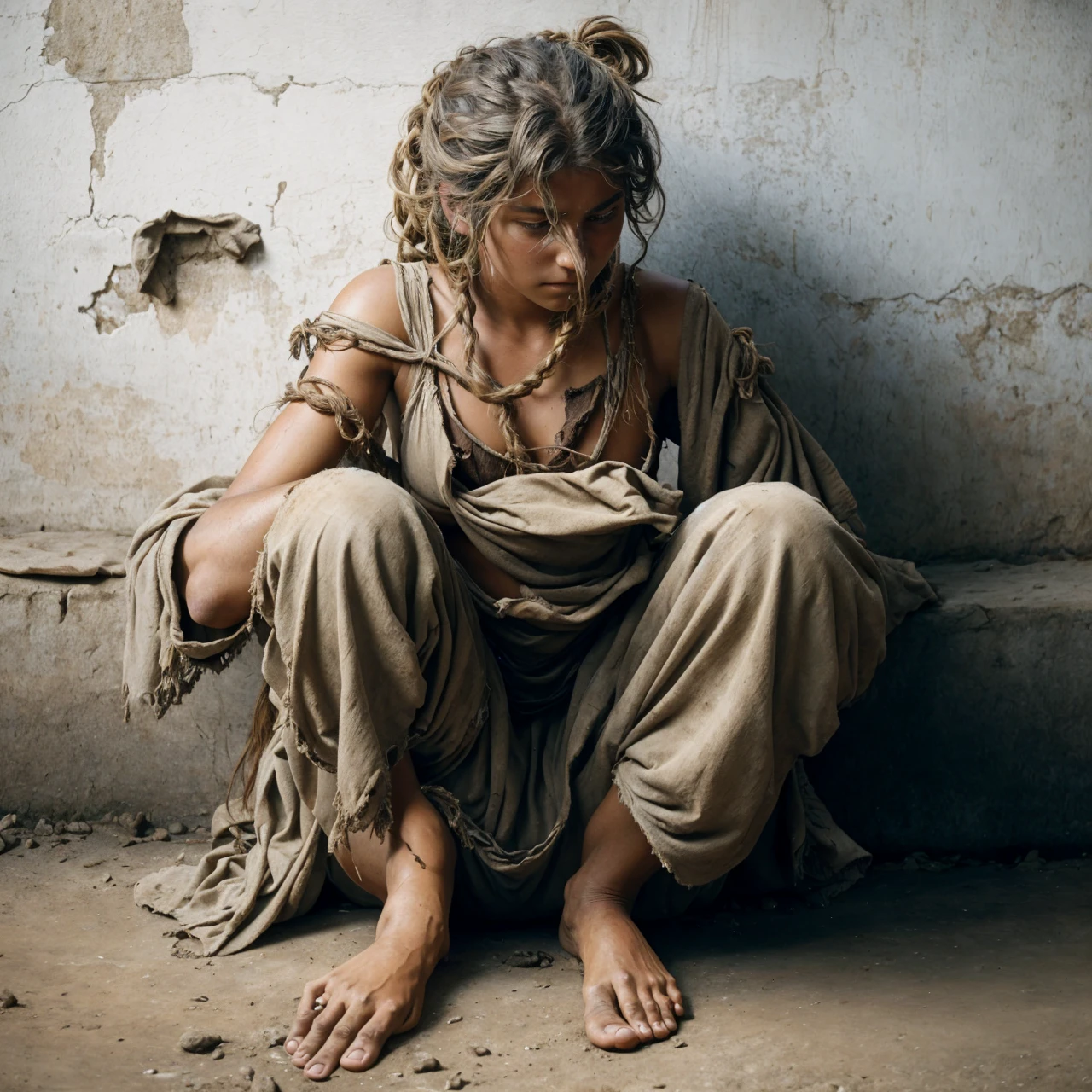 Roman Slave Girl, Slavic Tribe , Working On A Pig Farm, 23 Years Old, Exhausted By Hard Work, A Worn-Out Mare By Hard Labor, Tanned To Black From Dirt And Sun, Barefoot, Ragged, Beautiful But Exhausted Face, Dirty Hair, Somehow Braided, In An Old Torn Sacking That Replaces Her Short Tunic, Leaky And Dilapidated, High Texture Burlap, Body, Rural Italy, Cgsociety Of The Whole Body, Highly Detailed Cgsociety, Realistic Anime In 3d, Cgsociety Artstation, Realistic Anime Style 3d, Anime Style 3d, Dawn Cgsociety, Humanoid Woman, Cgsociety High Definition, Cgsociety Uhd 4k With High Details