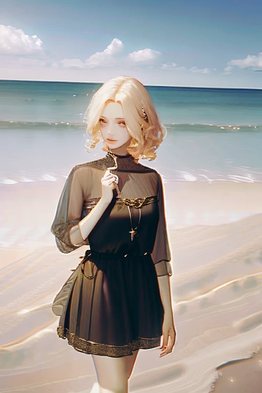 ((Лучшее качество)), ((шедевр)), (подробный), blonde girl on the beach 