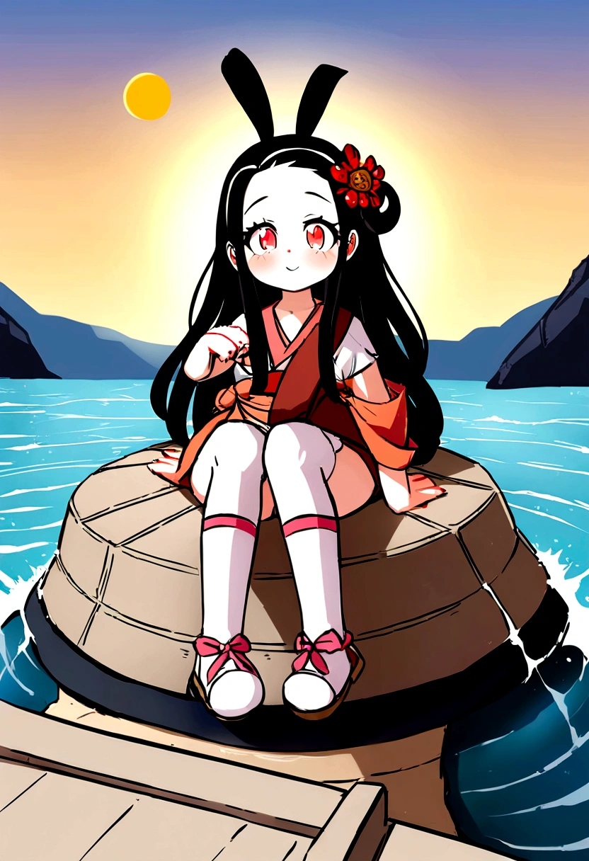Anime girl wearing a mask sitting in front, (SFW) Work, nezuko-chan, nezuko, giantess art, suns, From , commission high res, SFW version, commission, POV furry art, akali, In Pixiv, , Fleet Collection Style, Overwatch Style，Wearing white socks，suns has water