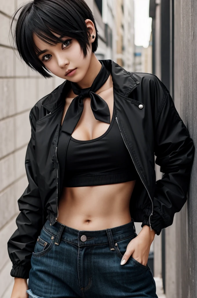 anime girl short hair black wolf cut black eye and wearing a croptop with a jacket open and a red tie