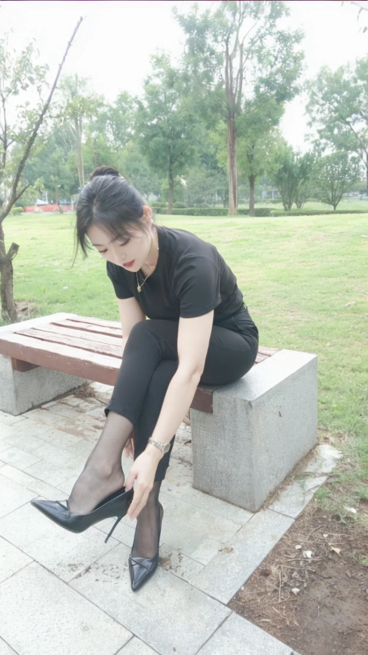 ((Masterpiece)), ((Top)), Ultra high resolution, 8k wallpaper, Realism, High quality, Advanced depth of field, Ultra details, Realistic lighting, (Outdoor), Park background, Japanese mature woman, 40 years old, Makeup, (Lipstick: 1.1), (Eyeliner: 1.2), Mascara, Eyeshadow, Necklace, Beautiful eyes, Rich details, Exquisite beauty, Long curly hair, Dynamic angle, (Red lips), Japanese woman posing for a photo in white leggings, Busty, Tight outfit, Black shirt, Short sleeves, Character in natural pose, Wearing tight simple clothes, Realistic perfect body, Thick hips, Soft curvy shape