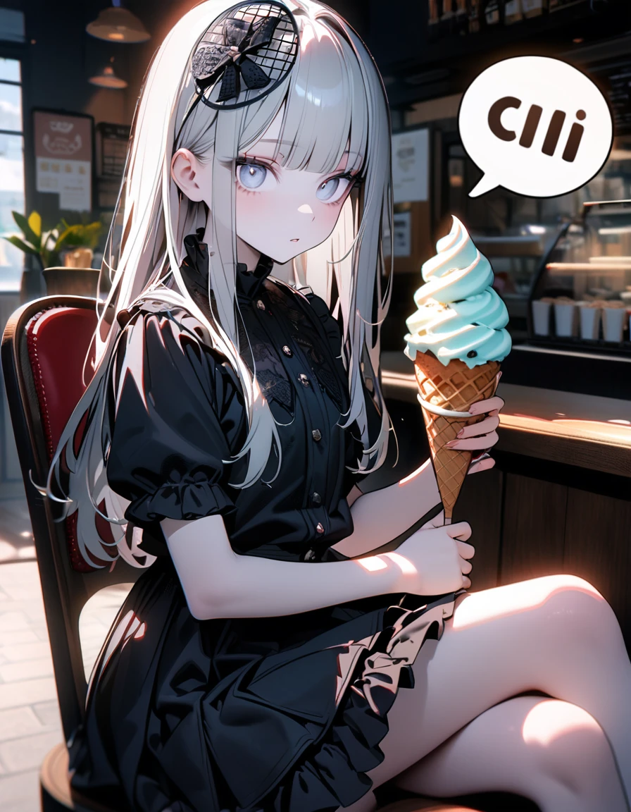 (8K, best quality, master piece: 1.2),super high resolution,1 girl,solo,,ultra-detailed face,detailed eyes,silver eyes,blunt bangs,silver hair,Straight hair,Long hair,pale skin,(spoken text:"OISHII":1.5),white short sleeve petal collar blouse,black tiered skirt,(black Fascinator),expressionless,lash extension,parted lips,rim light,(holding a colorful soft serve ice cream),Looking at viewer,sitting on chair,indoors soft serve ice cream shop