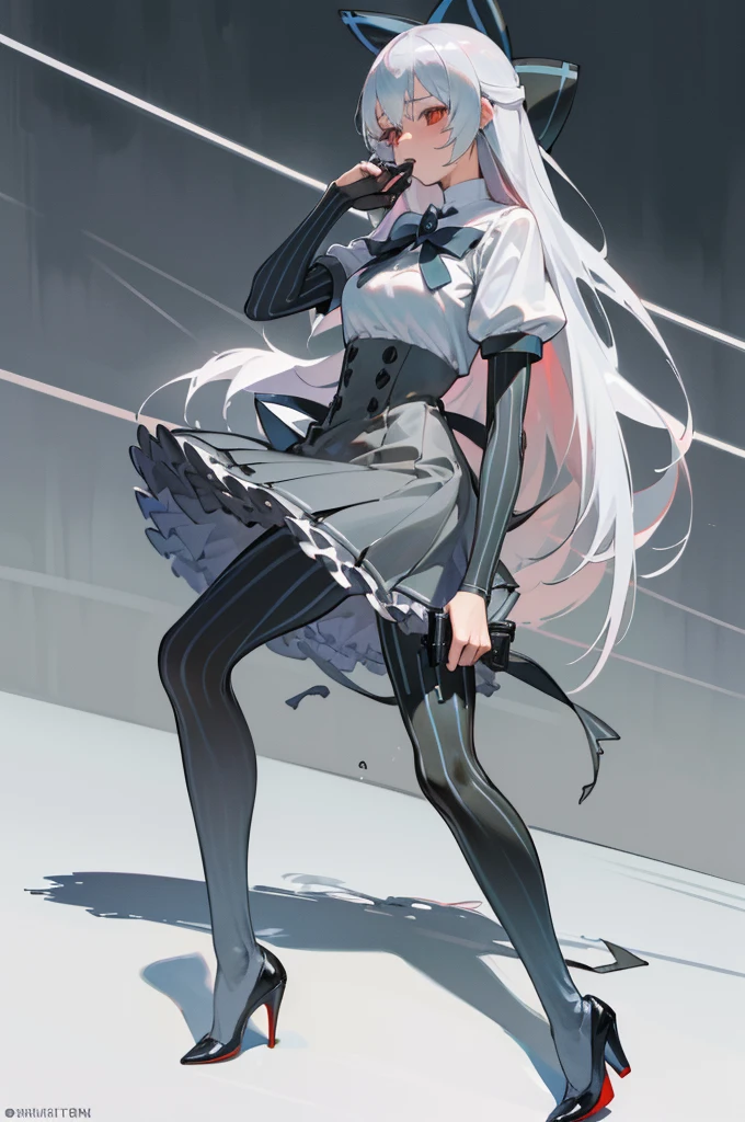 ((detailed), high_quality, master_quality, (realistic), wet, 8k, masterpiece, (Tokarev), silver_hair, long_hair, red_eyes, sexy, slim_figure, (school_uniform), high_heels, pistol_on_the_hip, dynamic_lightning, villain