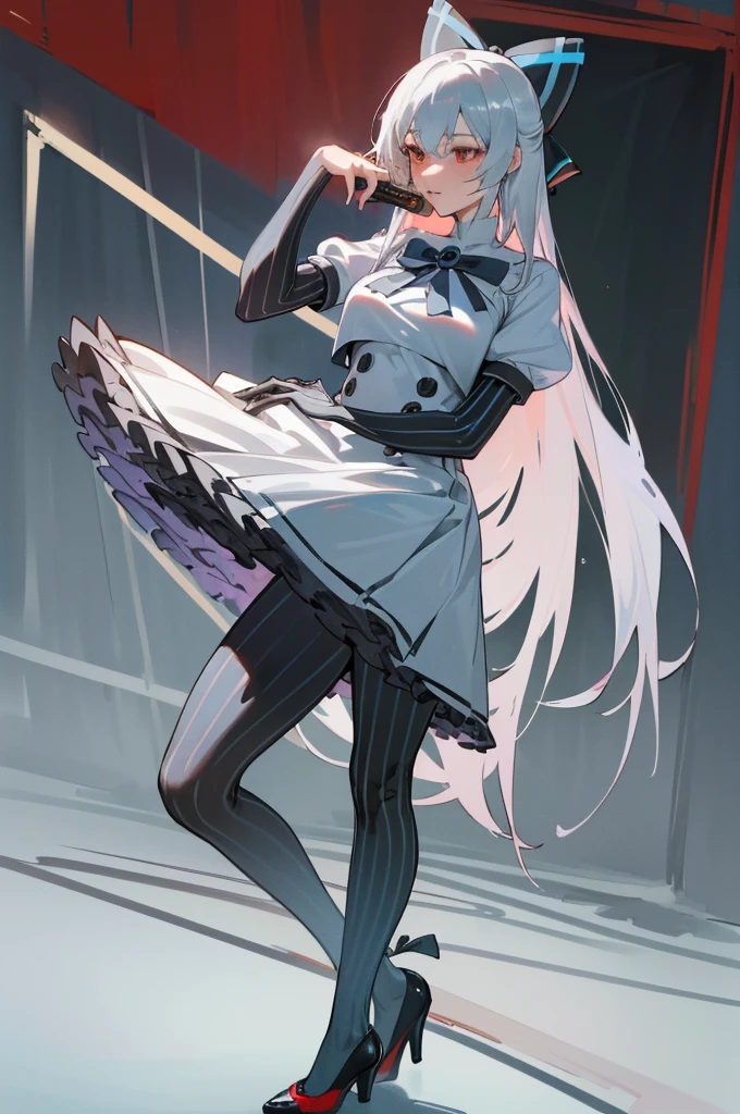 ((detailed), high_quality, master_quality, (realistic), wet, 8k, masterpiece, (Tokarev), silver_hair, long_hair, red_eyes, sexy, slim_figure, (school_uniform), high_heels, pistol_on_the_hip, dynamic_lightning, villain