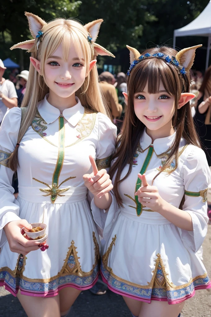 masterpiece, festival, a girl, twins, elf, happy, smiling, making a V sign, cute, fantasy, anime, dark_white