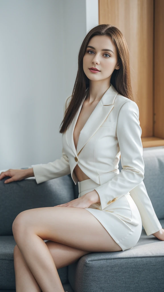 an Ukrainian woman with beautiful Delicate eyes, Beautiful and delicate lips, Extremely detailed face and skin, Pale skin, 23 years old, Wearing a light-colored suit, black hip skirt,business attire, high heels, medium long shot, Sitting on the sofa in the office, beautiful lights, sexy figure, long legs, full body portrait. Beautiful photography,Long eyelashes, Good anatomy , Practical skin texture, Delicate eyes, professional, 4K, Wide-angle lens, Optical Depth of Field, Kodak Vision Color, Perfectly proportioned body, Extremely detailed, ultra-photoPractical, Practical, Post-Processing, Maximum details, Roughness, real life, ultra -Practical, Photorealism, photography, 8K Ultra HD, photography