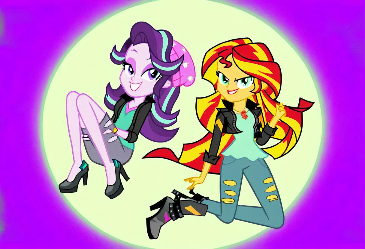 score_9, score_8_up, score_7_up, score_6_up, cartoon, human, equestria girls, sunset shimmer, starlight glimmer, miniskirt, duo female, vector, show accurative, light colors, cartoon, Sunset Shimmer are wearing miniskirt, high heels and zippered jackets she is also wearing lipstick and painted eyelids. Starlight Glimmer are wearing miniskirt, high heels and zippered jackets she is also wearing lipstick and painted eyelids. Sunset and Starlight are smiling, looking at you, evil grin, evil smile