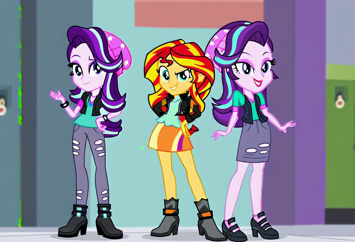 score_9, score_8_up, score_7_up, score_6_up, cartoon, human, equestria girls, sunset shimmer, starlight glimmer, miniskirt, duo female, vector, show accurative, light colors, cartoon, Sunset Shimmer are wearing miniskirt, high heels and zippered jackets she is also wearing lipstick and painted eyelids. Starlight Glimmer are wearing miniskirt, high heels and zippered jackets she is also wearing lipstick and painted eyelids. Sunset and Starlight are smiling, looking at you, evil grin, evil smile