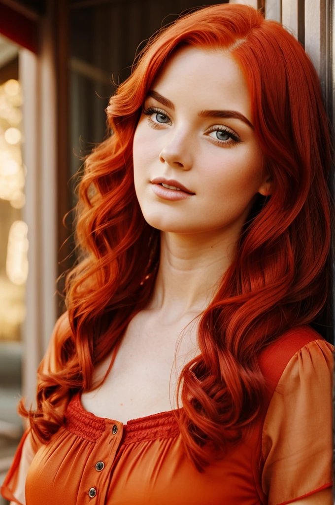 Close-up of a girl with fiery red hair in a vintage dress