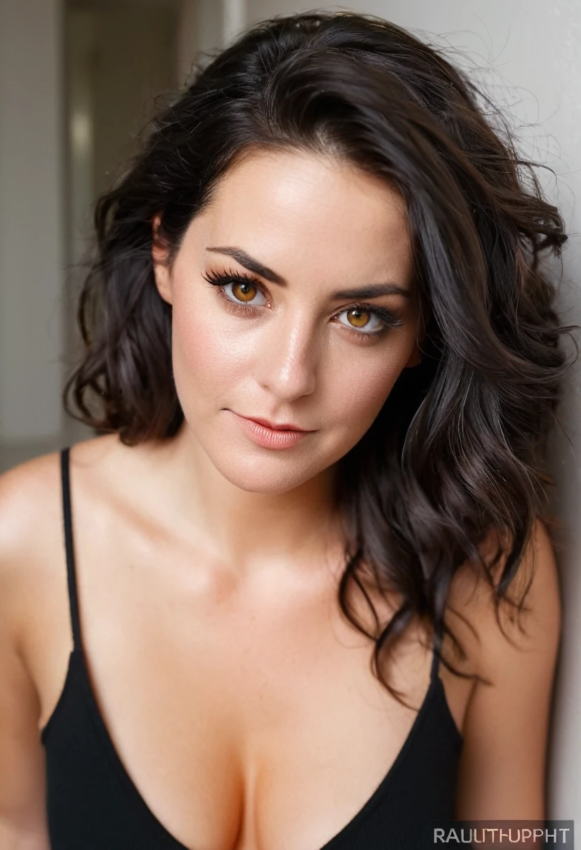 Prompt: head portrait, in a corridor, beautiful Kaya Scodelario, 38 years old mature hot woman, (two colors orange and black v-neck camisole), deep cleavage, ash black hair, RAW photo, (real photography, real skin, sharp focus), Flirty glance, Coy look, Playful eyes, (dominant gaze), (oozing sex appeal)
