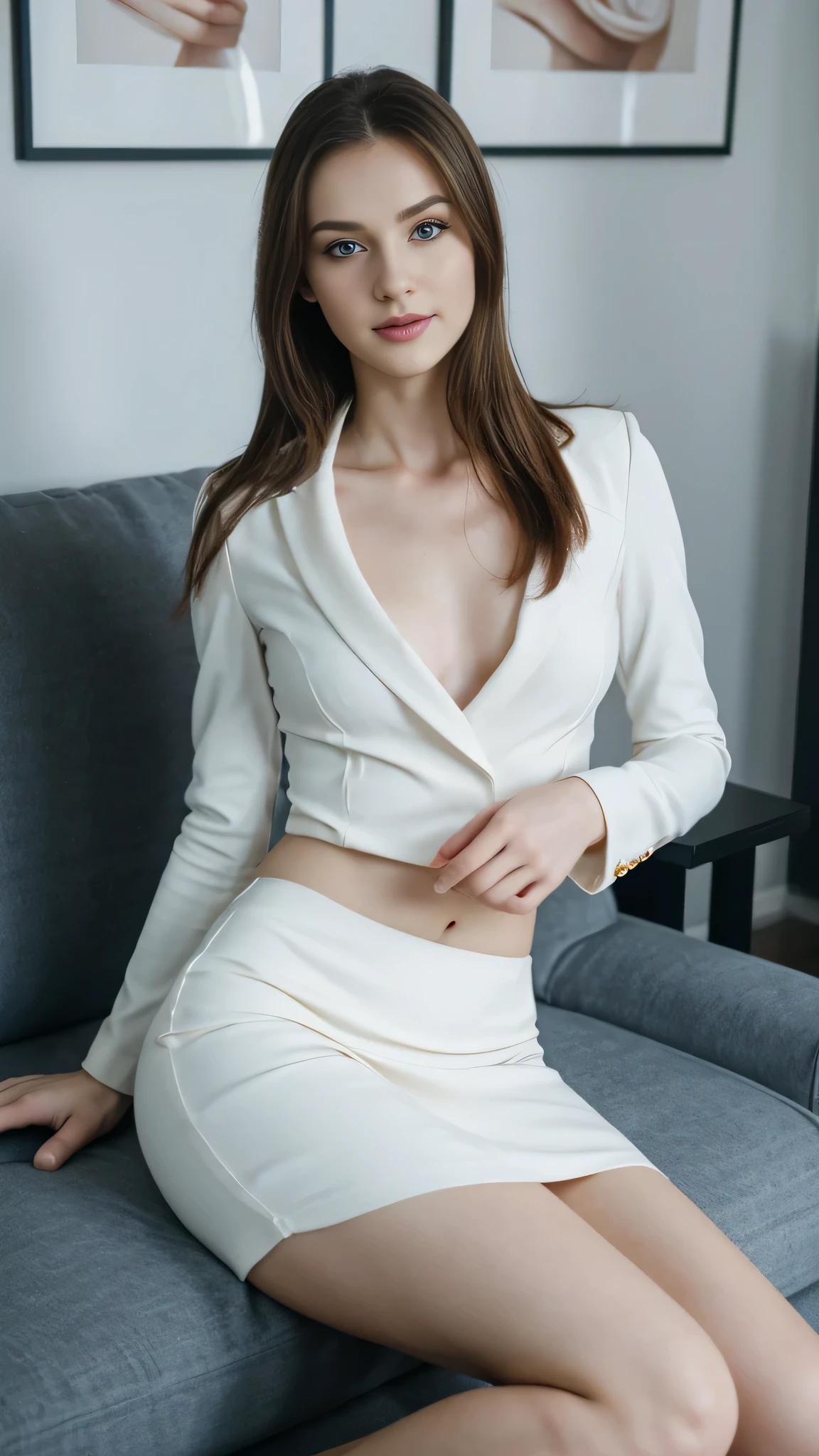 an Ukrainian woman with beautiful Delicate eyes, Beautiful and delicate lips, Extremely detailed face and skin, Pale skin, 23 years old, Wearing a light-colored suit, black hip skirt, white collar, high heels, medium long shot, Sitting on the sofa in the office, beautiful lights, sexy figure, long legs, full body portrait. Beautiful photography,Long eyelashes, Good anatomy , Practical skin texture, Delicate eyes, professional, 4K, Wide-angle lens, Optical Depth of Field, Kodak Vision Color, Perfectly proportioned body, Extremely detailed, ultra-photoPractical, Practical, Post-Processing, Maximum details, Roughness, real life, ultra -Practical, Photorealism, photography, 8K Ultra HD, photography