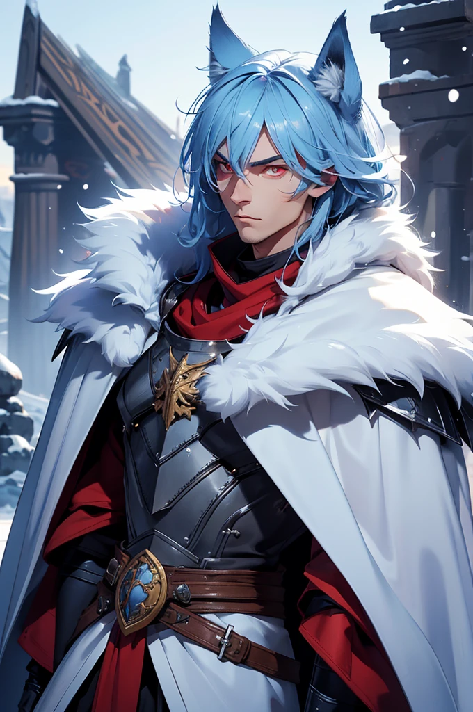 Tall man, wolf ears, Fur cape, armor, winter background, Buff, Stern look, light blue hair, red eyes, martial artist, armor buff
