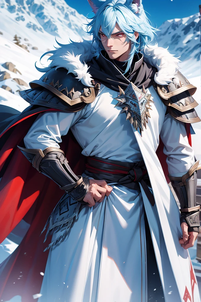 Tall man, wolf ears, Fur cape, armor, winter background, Buff, Stern look, light blue hair, red eyes, martial artist, armor buff