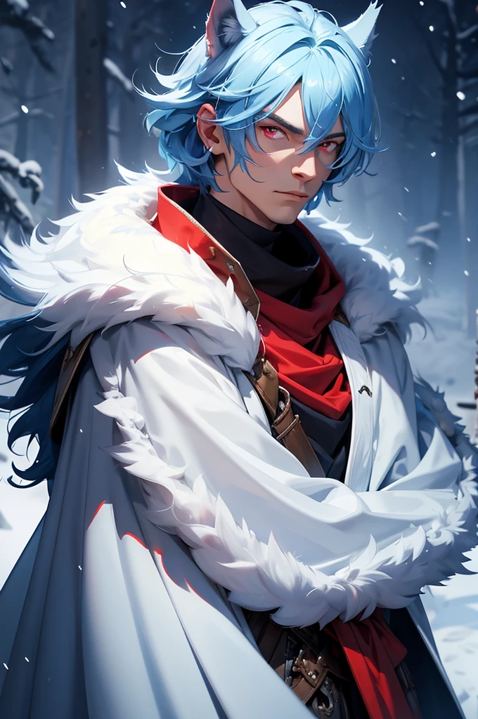 Tall man, wolf ears, Fur cape, armor, winter background, Buff, Stern look, light blue hair, red eyes, martial artist, armor buff