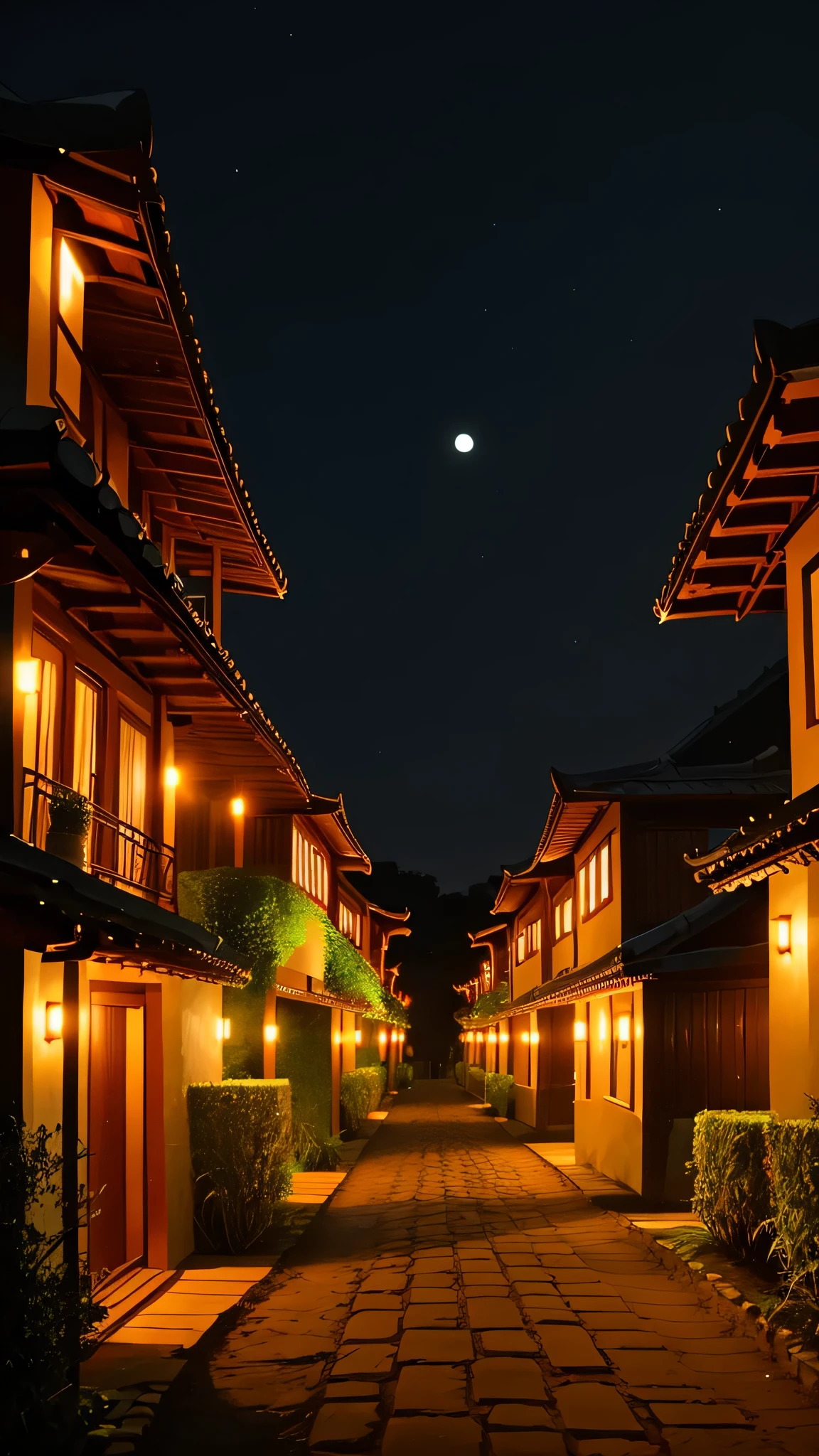 A path between two rows of bungalos (villas), night time, dark time of the day, almost no lighting